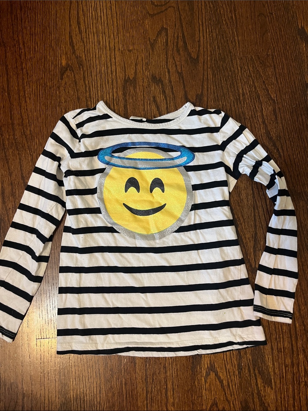 Crewcuts Black & White Striped Long-Sleeve Tee with Yellow Halo Emoji